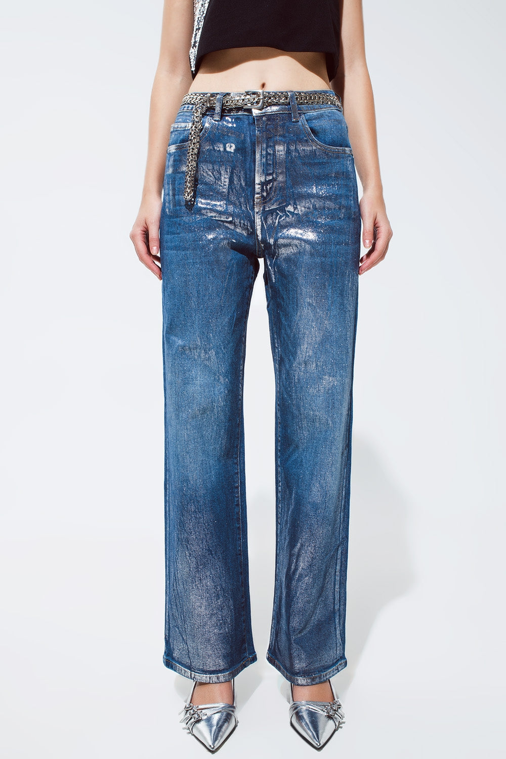 Jeans de pierna recta con acabado metalizado plateado