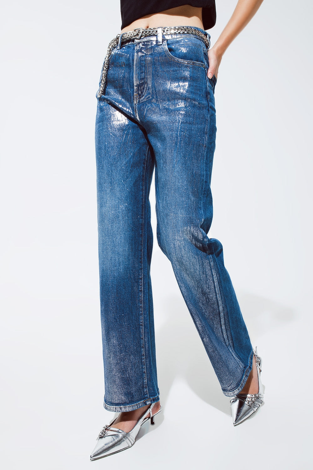 Jeans de pierna recta con acabado metalizado plateado