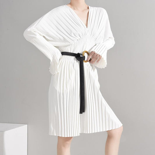 Vestido camisero plisado de manga larga Sakiya - Blanco