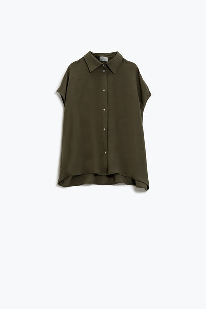 Khaki Button Up Blouse With Polo Collar