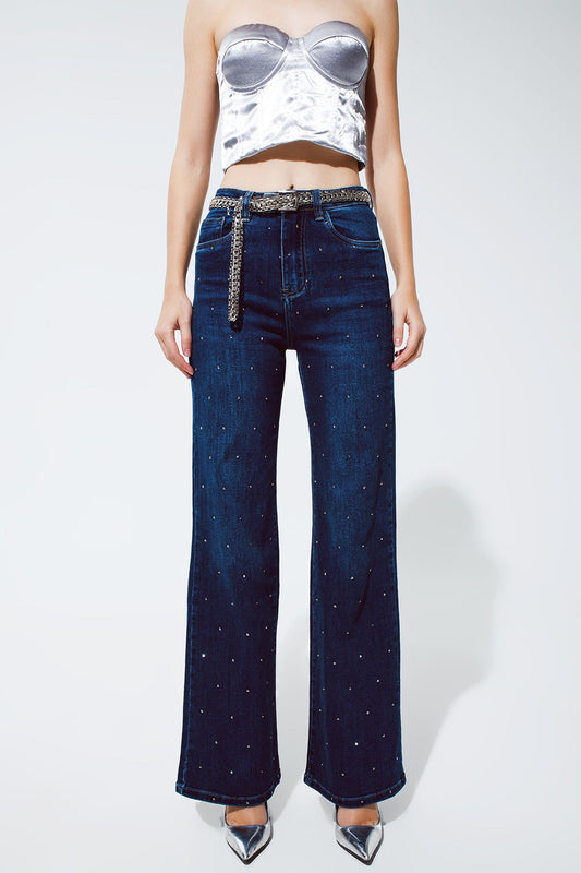 Vaqueros de pierna recta con detalle de strass en azul